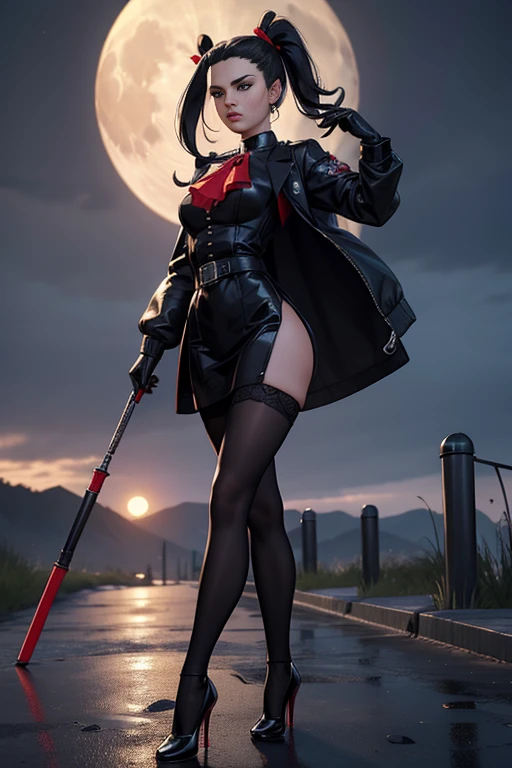 photo the Edelgard_academy, hair ribbon, Black jacke, black gown, ascot, red pantyhose, whitegloves, high-heels, walking on the battlefield, moonlights, fullmoon, Youngh, adolescent, (skinny), mic , mic, 1 girl, (((3d, videogame))),work of art, best qualityer, details Intricate, 8k hd, face perfect, perfects eyes