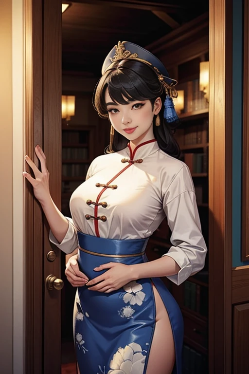 An elegant and intellectual classical Chinese woman, wearing a belly band, standing at the door with a smile on your face, her skin is more radiant than snow, and your eyes are like a pool of clear water. There's a slight air of books.