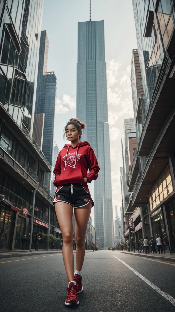 Une femme portant un sweat à capuche rouge porte une armure de gadgets, Short et baskets à motif Laithai courant au sol avec les jambes croisées dans un espace ouvert entouré de bâtiments en verre. Ce portrait en pied est dans le style d&#39;une vraie photo de langur sombre avec des chaussures montantes rouges et une composition en perspective exagérée.éclairage cinématographique d&#39;aspect coréen, cheveux argentés flottants, petites fleurs dans les cheveux, détails complexes, orné, détaillé, fantaisie, octane. cheveux longs, 胸部, 