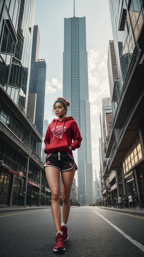 A woman gadgets armor  wearing a red hoodie, Laithai pattern warp shorts and sneakers running on the ground with legs crossed in...