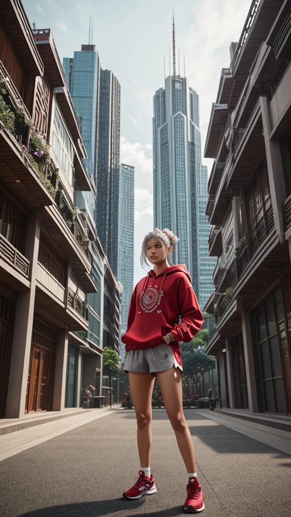 Una mujer con armadura y una sudadera roja, pantalones cortos de tela warp con estampado Laithai y zapatillas corriendo por el suelo con las piernas cruzadas en un espacio abierto rodeado de edificios de cristal. Este retrato de cuerpo entero está en el estilo de una foto real de un langur oscuro con zapatos rojos de caña alta y una composición de perspectiva exagerada.iluminación cinematográfica de aspecto coreano, cabello plateado que fluye, pequeñas flores en el pelo, detalles intrincados, florido, detallado, fantasía, octano. pelo largo, pecho, 