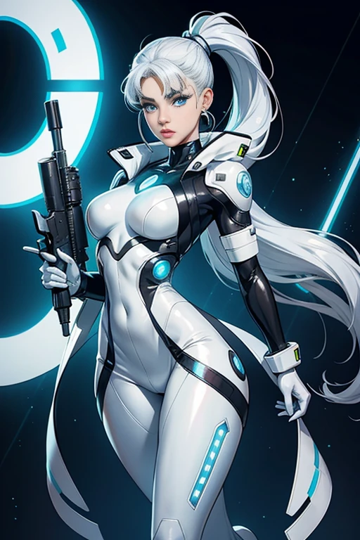 Full body cyber girl with ponytail. Ariana Grande's face. Bright white color to show she is a cyber girl with laser rifle. white eyebrows. clothes like jumpsuit. She also has bright blue eyes. The environment is terminator-like. The hair is platinum. She is lit up with bright blue color on one side of her face. Led as.  And both hands also have LED light.