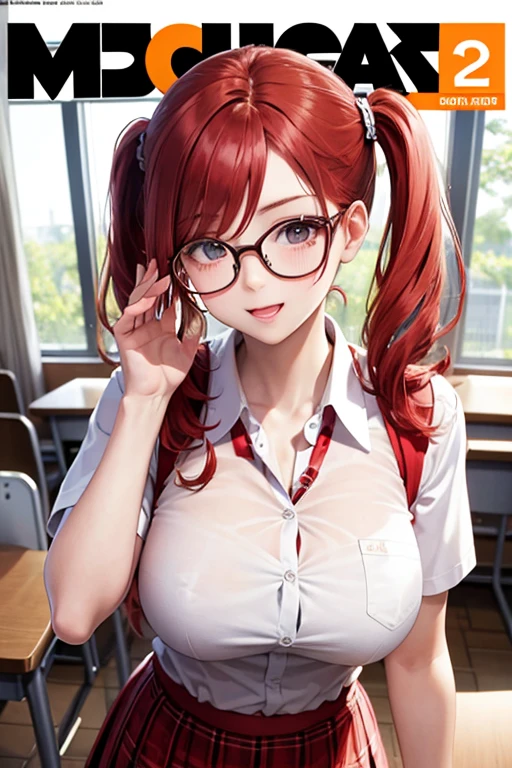 magazine cover, redhead, pigtails, big breasts, sexy pose, white shirt, red plaid skirt, glasses, class room 