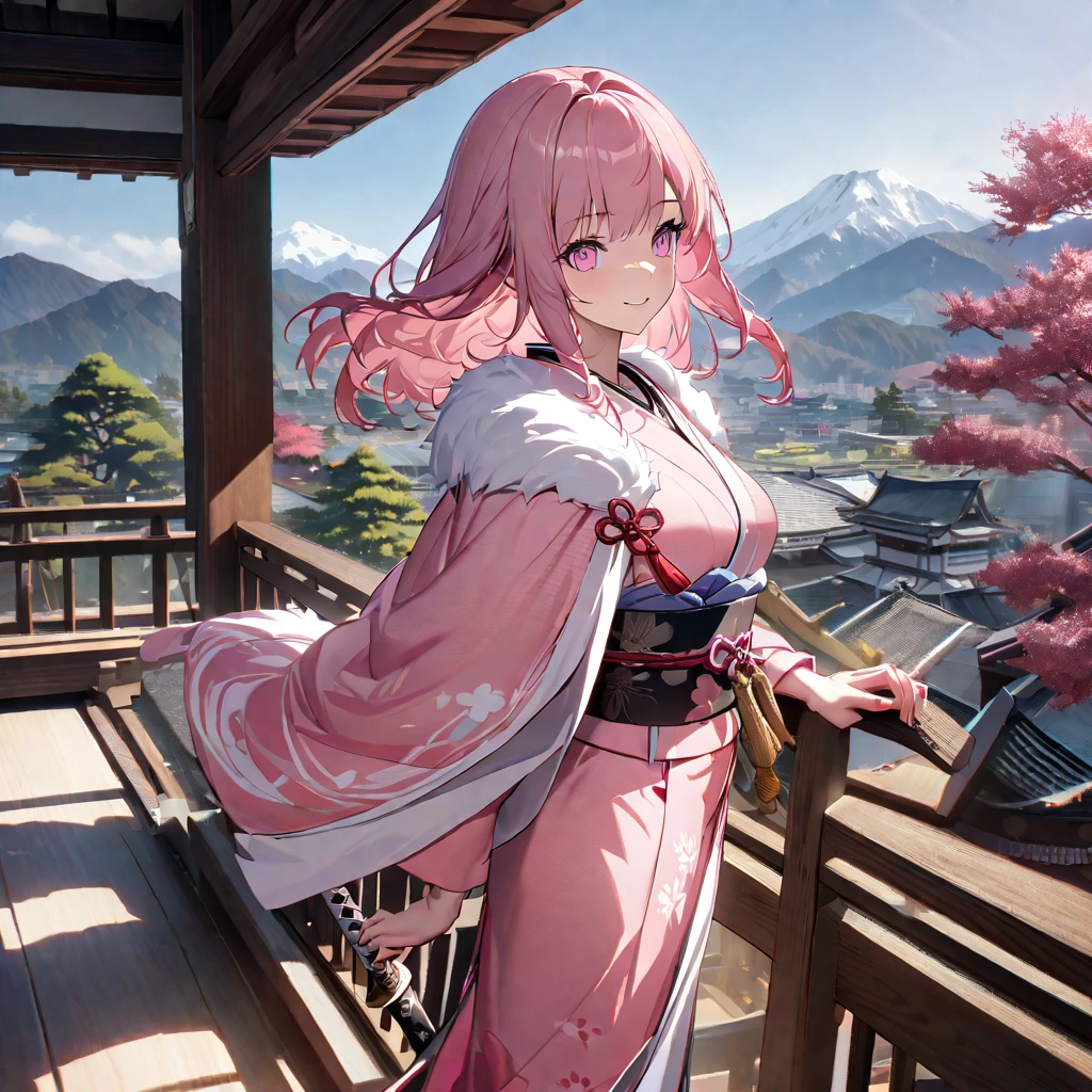 One wearing a pink kimono with white details, long-sleeved kimono, white fur cape, pink hair, long pink hair, pink eyes, standing on a balcony of a traditional Japanese house, view of mountains in the background with trees, smiling, big , daytime spot.UHD , prime work , accurate , anatomically correct , textured skin , super details , high quality , best quality, 8k, high resolution, bokeh effect. (woman solo), close view holding a katana without a sheath, with a red effect on the katana
