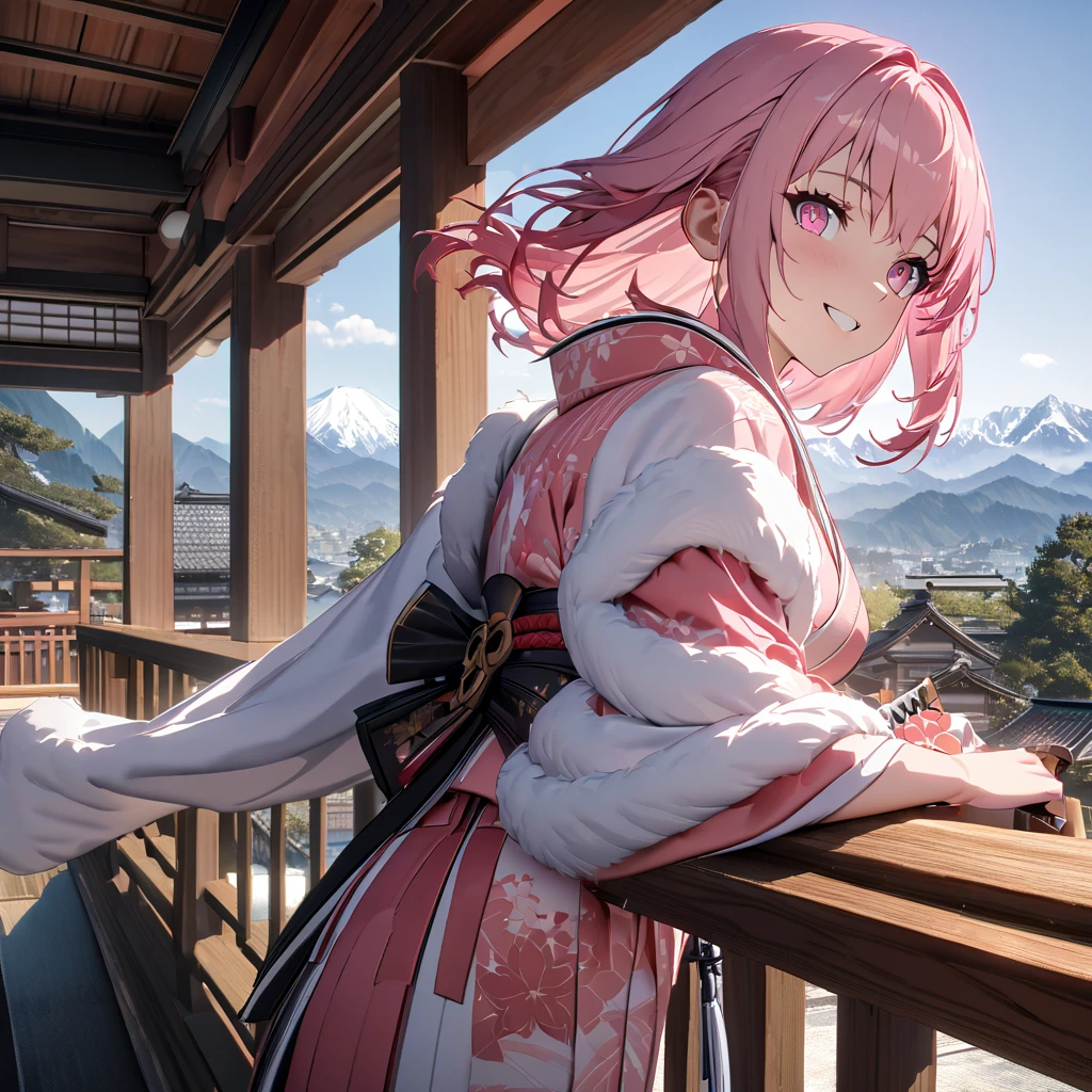 One wearing a pink kimono with white details, long-sleeved kimono, white fur cape, pink hair, long pink hair, pink eyes, standing on a balcony of a traditional Japanese house, view of mountains in the background with trees, smiling, big , daytime spot.UHD , prime work , accurate , anatomically correct , textured skin , super details , high quality , best quality, 8k, high resolution, bokeh effect. (woman solo), close view holding a katana without a sheath, with a red effect on the katana
