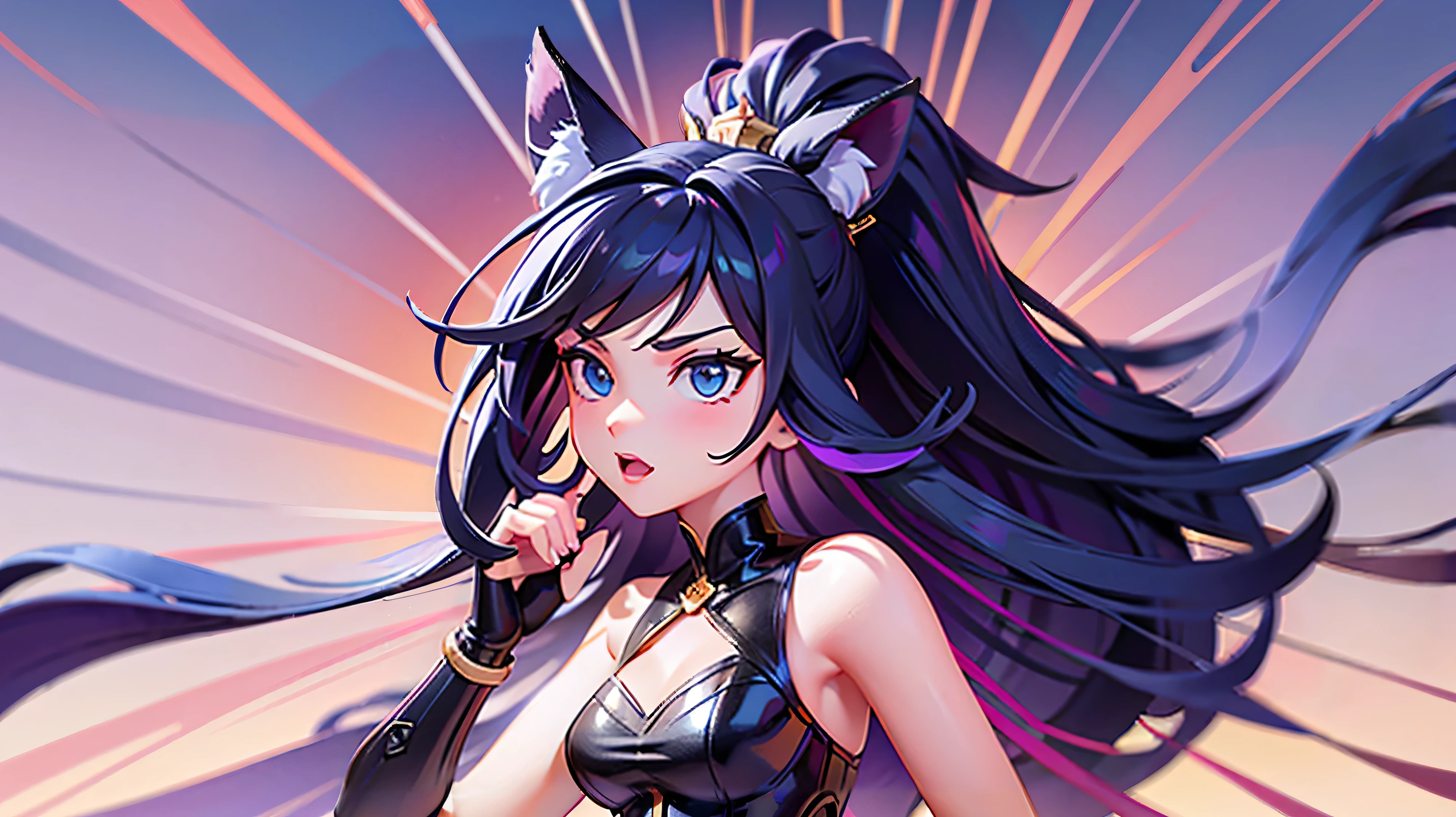 1 woman, gradient hair, dark blue hair, multicolored hair, long hair, ponytail, Cabelo roxo, Olhos roxos, fox ears, seductive smile, Seios grandes, Coxas grandes, Surrealism, Realism, anime style, UHD, masterpiece, anatomically correct, accurate, super detail, high details, best quality, 8k