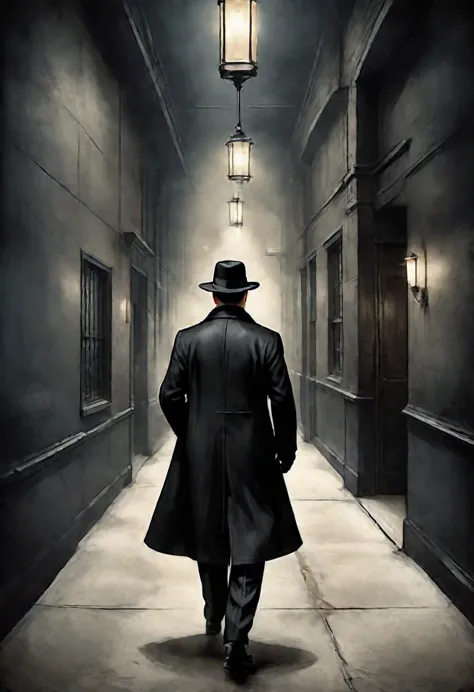 general plan, the entire body. ((1920s gangster man in black overcoat and hat, back to camera, walking down a street corridor:1....