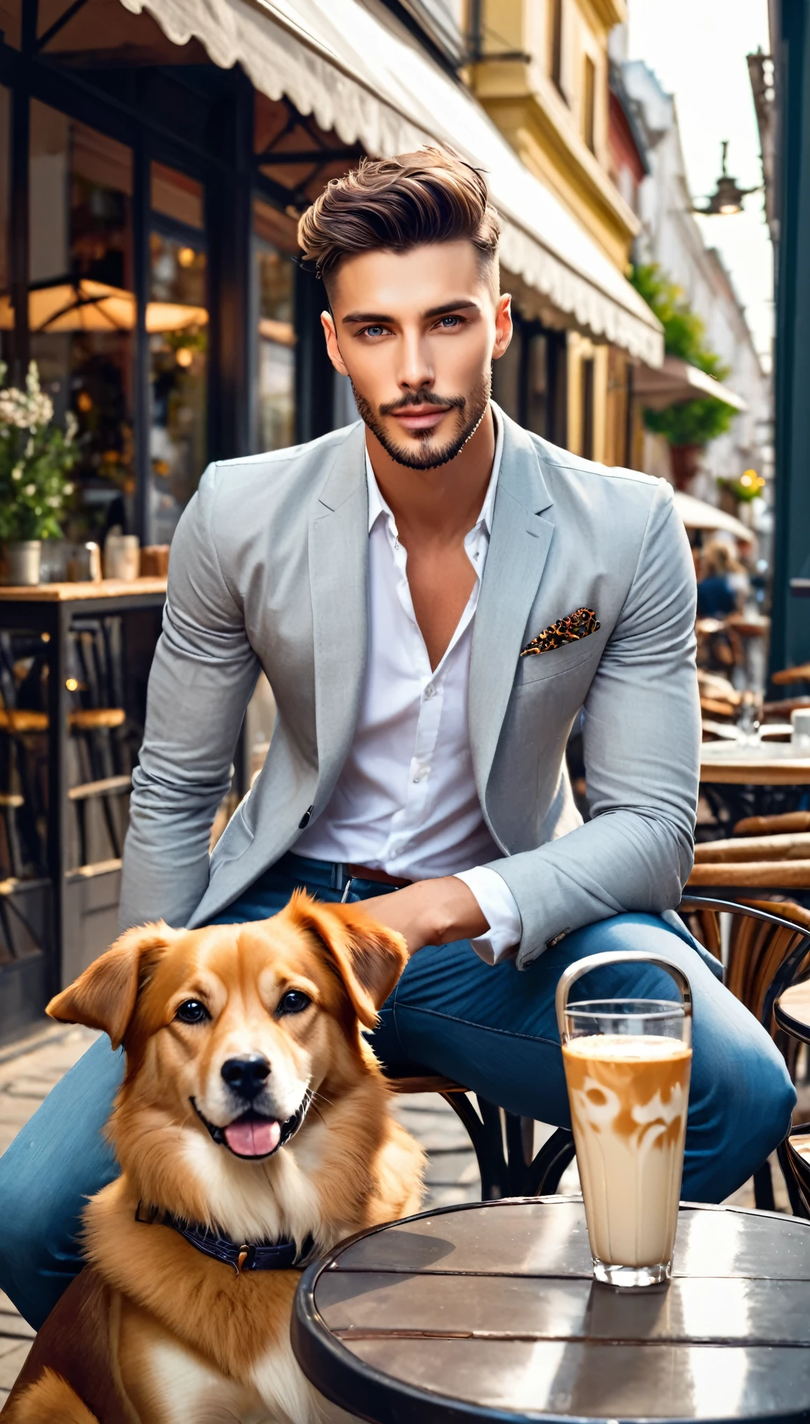 hombre guapo, modelo, con, perro, fotografiado frente a la terraza de un café, portada de revista, Simplemente hermoso