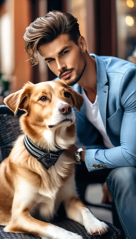 handsome man fashion model with dog, photographed in front of a cafe terrace, magazine cover, simply beautiful