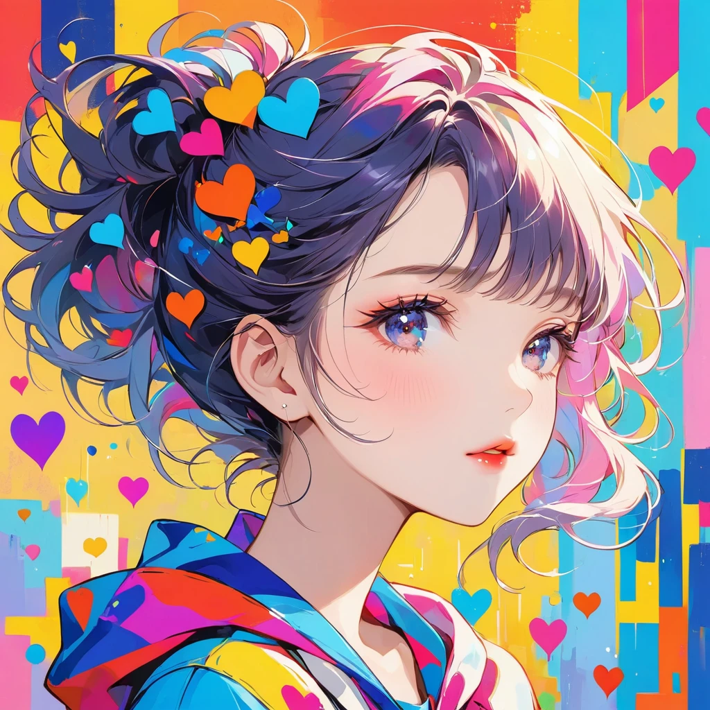 Mika Pikazo colorful style, Simple Line Initialism，Abstract art，Urban Background, (((The most beautiful girl of all time))), Sweet face. Lips in love, colorful hearts, stylish design