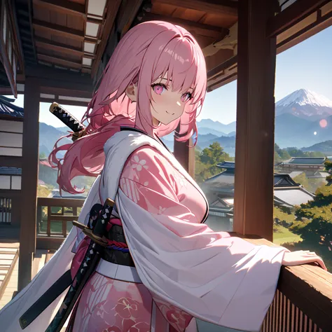 one wearing a pink kimono with white details, long-sleeved kimono, white fur cape, pink hair, long pink hair, pink eyes, standin...