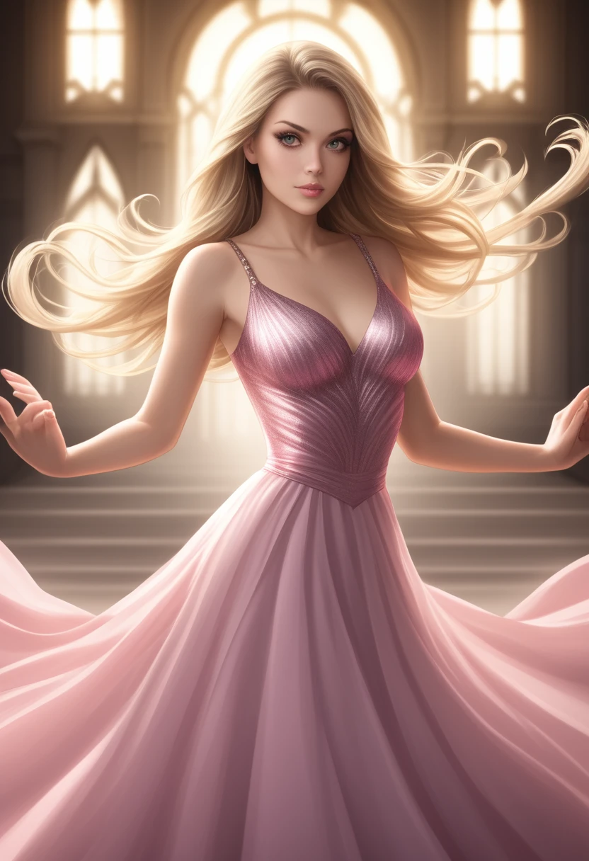 a beautiful supergirl in a luxurious silk dress, extremely detailed face and eyes, long eyelashes, cinched waist, flowing dress, dynamic pose, dramatic lighting, cinematic composition, intricate detail, vibrant colors, photorealistic, 8k, best quality, masterpiece