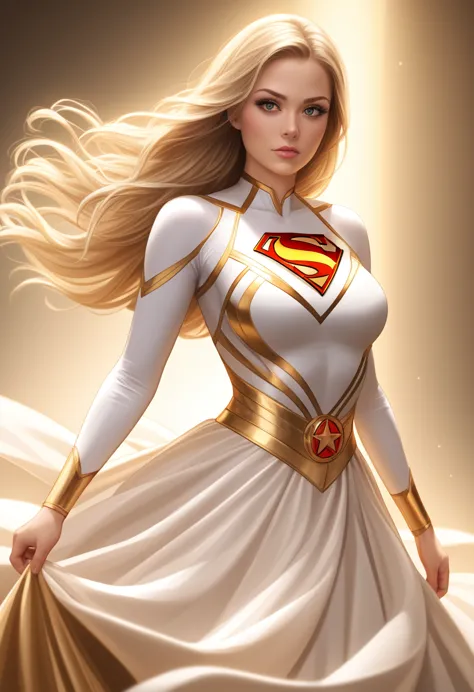 a beautiful supergirl in a luxurious silk dress, extremely detailed face and eyes, long eyelashes, cinched waist, flowing dress,...