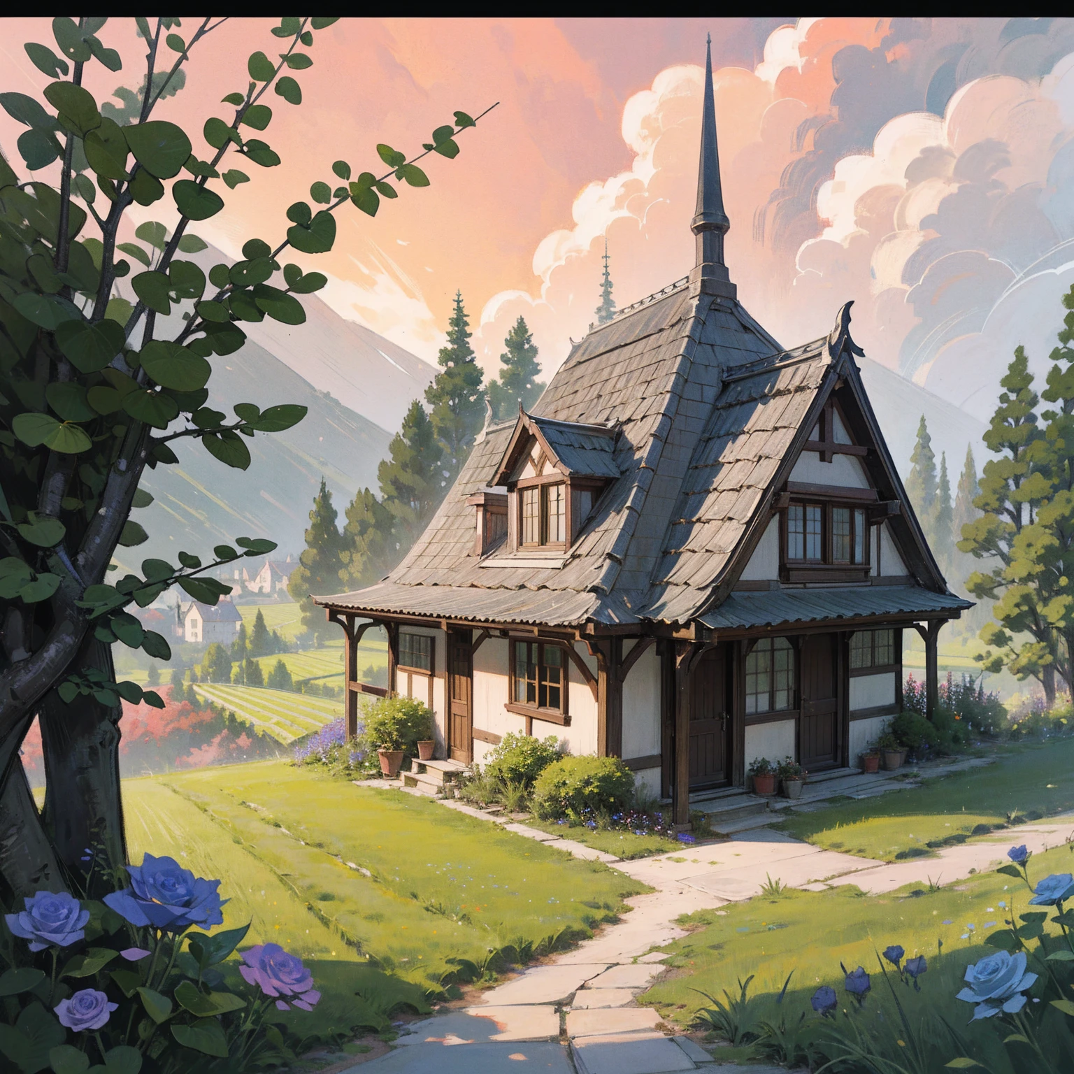 Masterpiece, high quality, a beautiful picture depicts a fairy tale world about green, rose hut, fairyland, terraced fields around the house, blue rose flowers, green rice fields, red sky, grey clouds, Hayao Miyazaki, perfect sy symmetrical composition, stone bricks floor