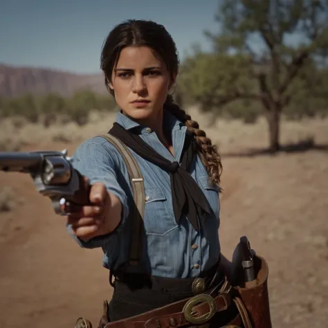 cinematographic film still of cinematographic film still of  a woman in a cowboy outfit tenure a pistol,1 girl,alone,looking at ...