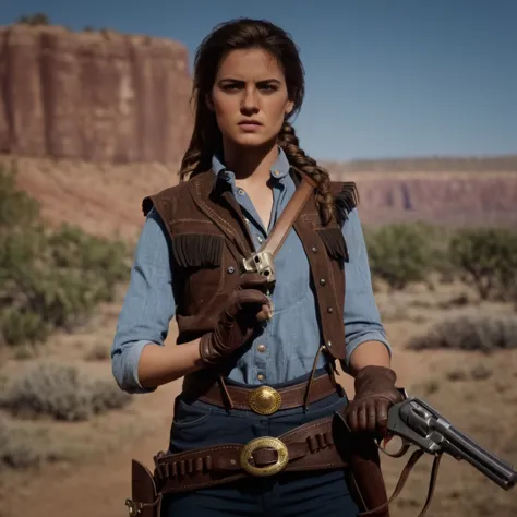 cinematographic film still of cinematographic film still of  a woman in a cowboy outfit tenure a pistol,1 girl,alone,looking at ...