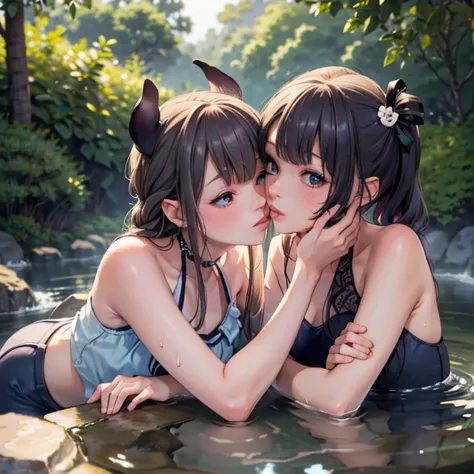 ((2 women)) highest quality, masterpiece, ultra-high resolution, supermodels bathing in japanese hot springs, outdoor hot spring...