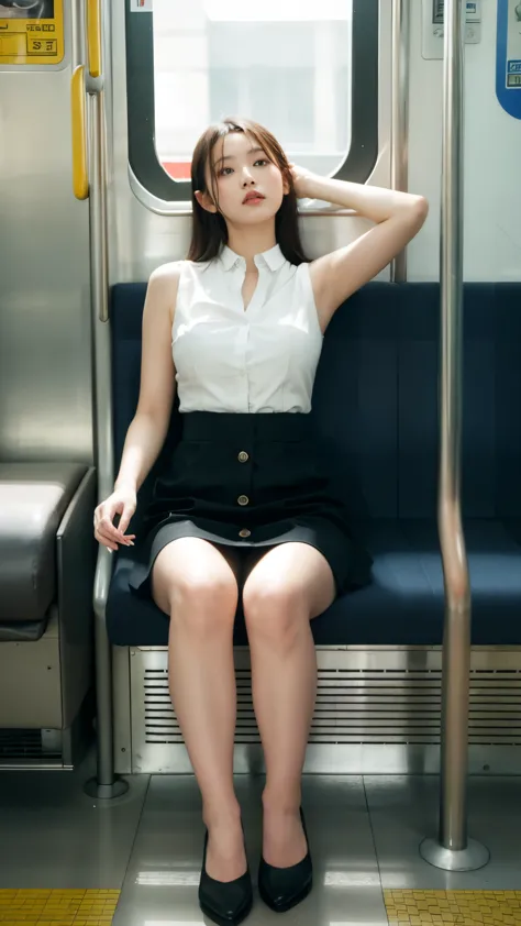 (masterpiece, best quality, 8k, RAW photos, beautifully、aesthetic:1.2),  intricate details, indirect lighting, realistic,
whole body, sit on a chair on the train、spread your legs, Looking at the viewers、Voyeur、
 Square-neck button-down linen sundress, (매우 realistic 팬티스타킹)、
 women training , Chair to sit under the skirt,