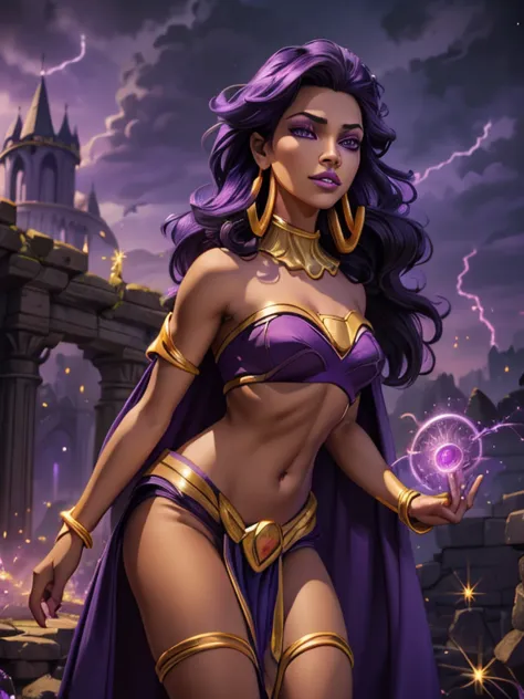 Fantasy style, Fantasy environment, A beautiful young sorceress (1 girl), dark-skinned female, with long purple flowing hair, pu...
