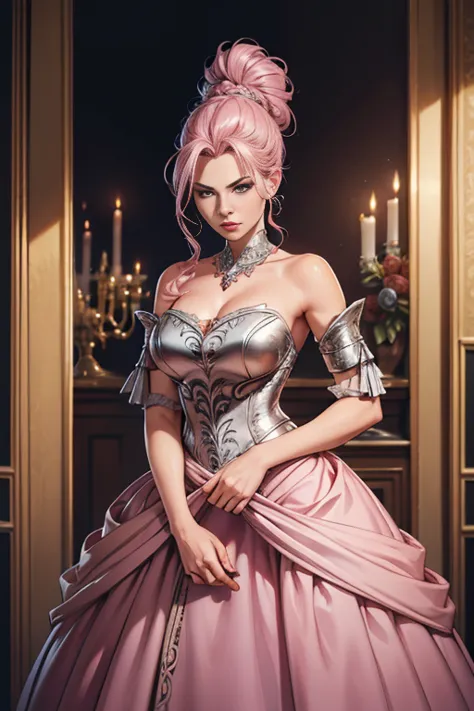 Woman, serious, warrior, armors, chic, pink dress, aristocratic, silver elements, long nails, bared shoulders, coiffure, hair up...