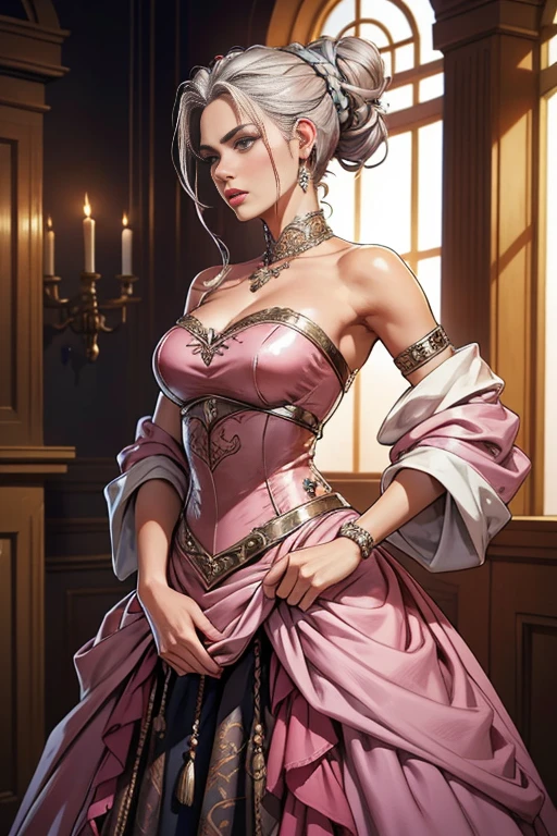 Woman, serious, warrior, armors, chic, pink dress, aristocratic, silver elements, long nails, bared shoulders, coiffure, hair up, braid and ponytail, messy, haughty, absurdrez, detailed dress, royaltly, celebration, hall decorated with flowers, cowboy shot, portraite, (best qualityer), (work of art), (highy detailed), (4K)