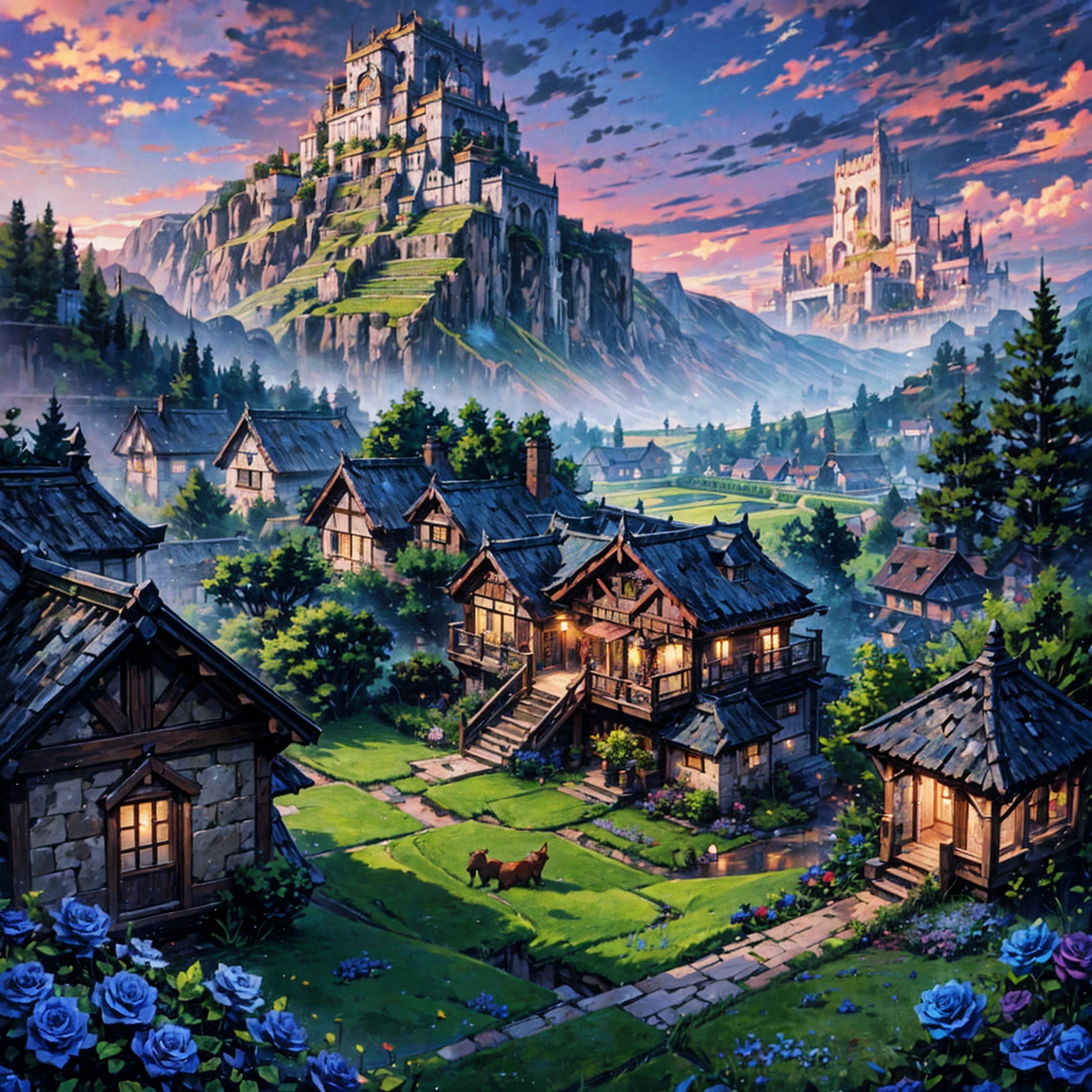 Masterpiece, high quality, a beautiful picture depicts a fairy tale world about green, rose hut, fairyland, terraced fields around the house, blue rose flowers, green rice fields, red sky, grey clouds, Hayao Miyazaki, perfect sy symmetrical composition, stone bricks floor