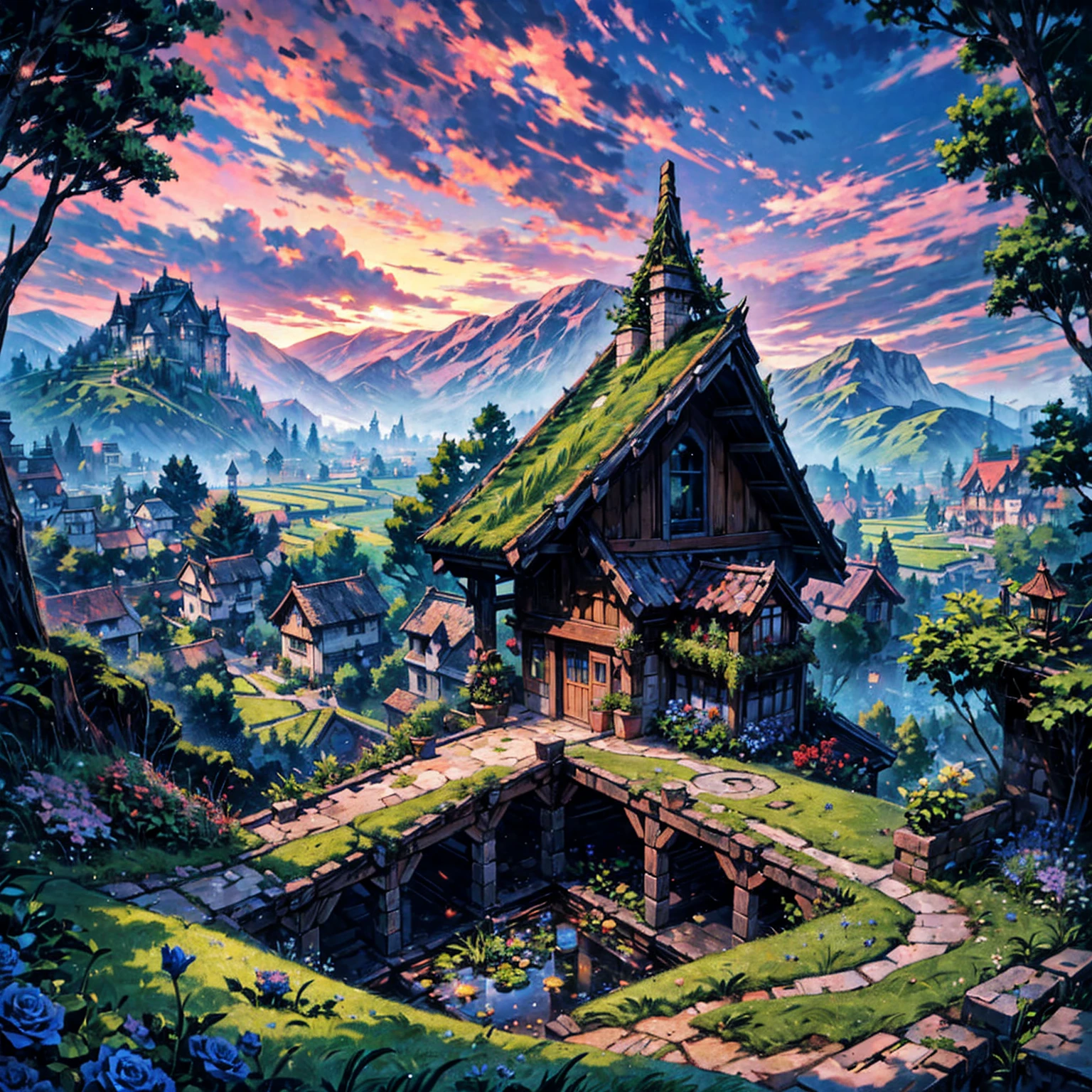 Masterpiece, high quality, a beautiful picture depicts a fairy tale world about green, rose hut, fairyland, terraced fields around the house, blue rose flowers, green rice fields, red sky, grey clouds, Hayao Miyazaki, perfect sy symmetrical composition, stone bricks floor