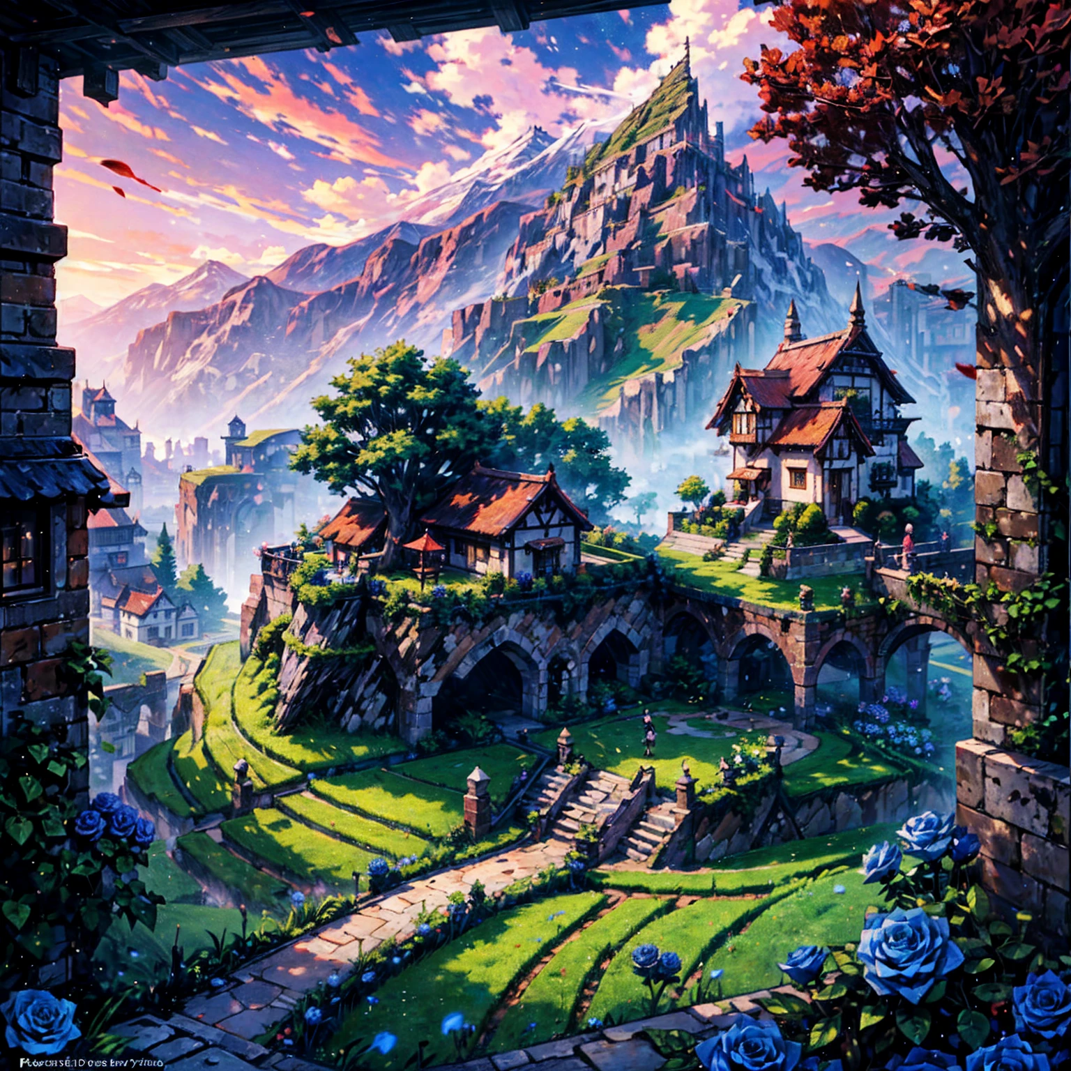 Masterpiece, high quality, a beautiful picture depicts a fairy tale world about green, rose hut, fairyland, terraced fields around the house, blue rose flowers, green rice fields, red sky, grey clouds, Hayao Miyazaki, perfect sy symmetrical composition, stone bricks floor