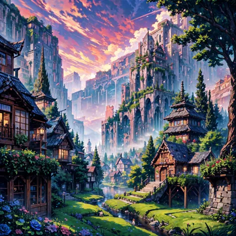 Masterpiece, high quality, a beautiful picture depicts a fairy tale world about green, rose hut, fairyland, terraced fields arou...