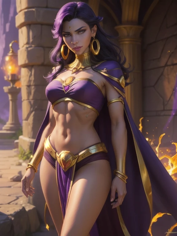 Fantasy style, Fantasy environment, A beautiful young sorceress (1 girl), dark-skinned female, with long purple flowing hair, purple eyes, purple iris, mascaras purple eyeshadow, smile, purple lipstick, medium breasts, waist, slender legs, attractive body, slim figure, perfect shape, ((Wearing: golden ringed earrings, purple cape, purple strapless top, purple loincloth, golden armlets, golden boots)), looking mature and alluring at 28 years old, (detailed eyes, detailed lips, extremely detailed face), both hands glowing bright purple, purple magic, bright purple sparks in both hands, She's a sorceress that wields her magical powers with grace and precision, showcasing her exceptional abilities, She exudes an air of mystery and power, The artwork captures the essence of a strong and alluring character, intricate detailed portrait, photo realistic, 8k, highly detailed, cinematic lighting, warm color palette, detailed foliage, golden hour lighting, dramatic lighting, dramatic pose, sensual, alluring, captivating gaze, masterpiece,
