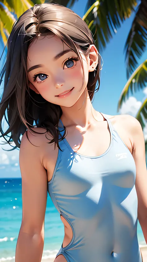 Highest quality、Realistic、girl、zoom、cute、Grey Eyes、Chestnut Hair、Back to all、the forehead is protruding、Light blue swimsuit、Muscular、Dark Skin、Ocean、Looking down、Big smile、Bust Shot、thin、Small breasts