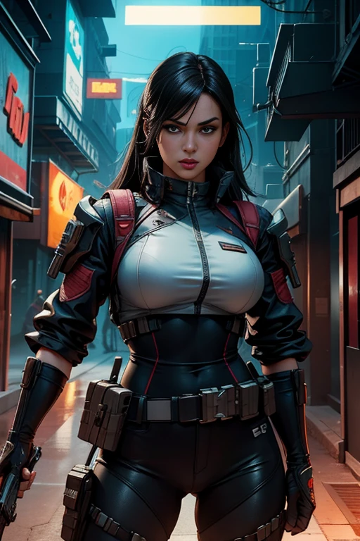 cyberpunk soldier, 8 mil, HD illustration, Symmetrical, 3rd person substance style, 2D character design concept, unreal motor 5, daz, hyper realist, octane rendering, cosplay, rpg portrait, dynamic lighting, intricate-detail, Summer vibe, cinematic  