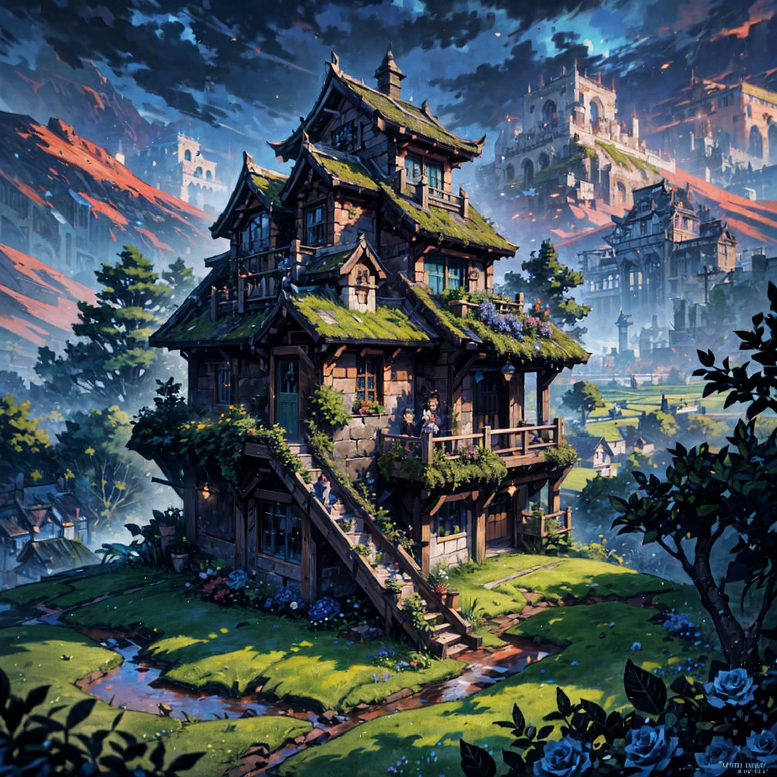 Obra-prima de estilo e arte: Arte de alta qualidade no estilo Hayao Miyazaki: Sugestivo do estilo do renomado animador Composição simétrica perfeita: Arranjo equilibrado e harmonioso Cenário e atmosfera Mundo de conto de fadas: Cenário encantador e imaginativo Céu vermelho e nuvens cinzentas: Cenário dramático e atmosférico Elementos visuais Cabana rosa verde: Estrutura central única e extravagante Campos em socalcos: Ao redor da cabana, criando uma paisagem em camadas Campos de arroz verdes: Elemento natural exuberante e vibrante Flores rosas azuis: Detalhe floral incomum e mágico Piso de tijolos de pedra: Elemento de aterramento, adicionando um toque de realismo