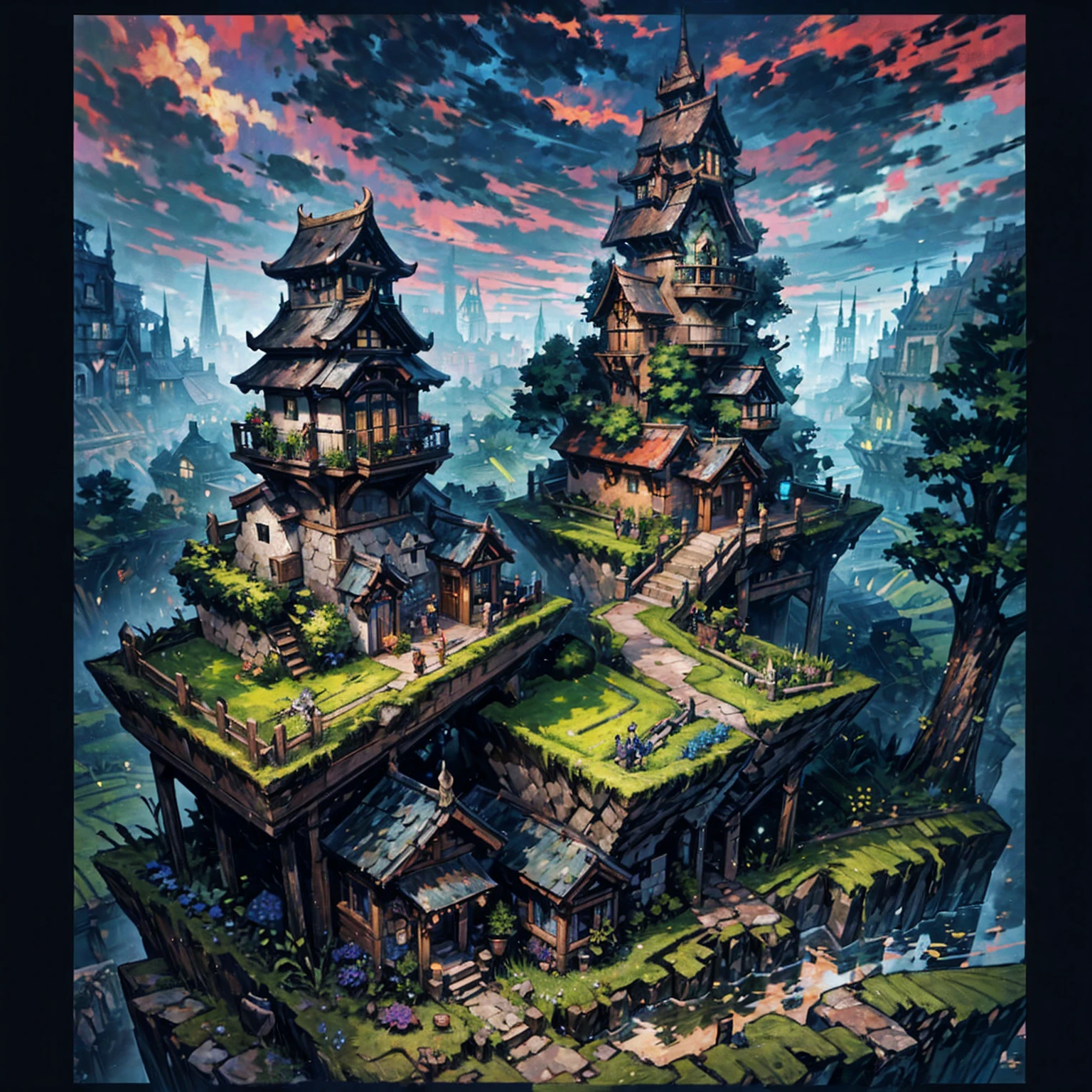 Style and Artistry
Masterpiece: High-quality artwork
Hayao Miyazaki-esque: Suggestive of the renowned animator's style
Perfect symmetrical composition: Balanced and harmonious arrangement
Setting and Atmosphere
Fairy tale world: Enchanting and imaginative setting
Red sky and grey clouds: Dramatic and atmospheric backdrop
Visual Elements
Green rose hut: Unique and whimsical central structure
Terraced fields: Surrounding the hut, creating a layered landscape
Green rice fields: Lush and vibrant natural element
Blue rose flowers: Uncommon and magical floral detail
Stone brick floor: Grounding element, adding a touch of realism