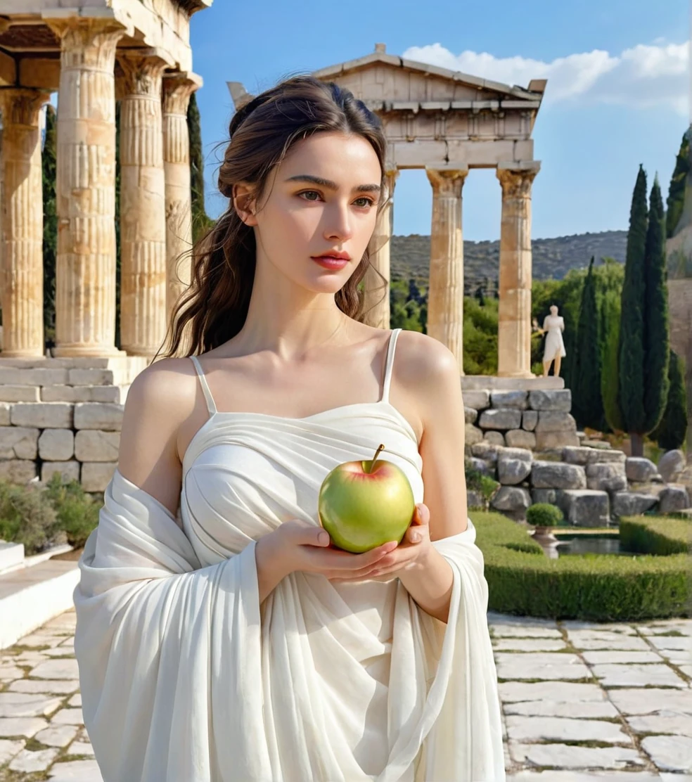 Powerful Greek goddess Eris holding a golden apple in one hand and with the other holding a dagger and she is wearing classical Greek clothes and in the background there is an ancient Greek garden with temples from classical times, body skinny, black, slightly wavy hair down to the shoulders, breasts big, shoulders outside, caucasian white skin, gray green eyes, barefoot, serious and determined face, beautiful and young face, photo realist, professional photograpy, perfect contours, majestic and elegant woman, best qualityer, hight contrast, high saturation, High- sharpness, Ablaze