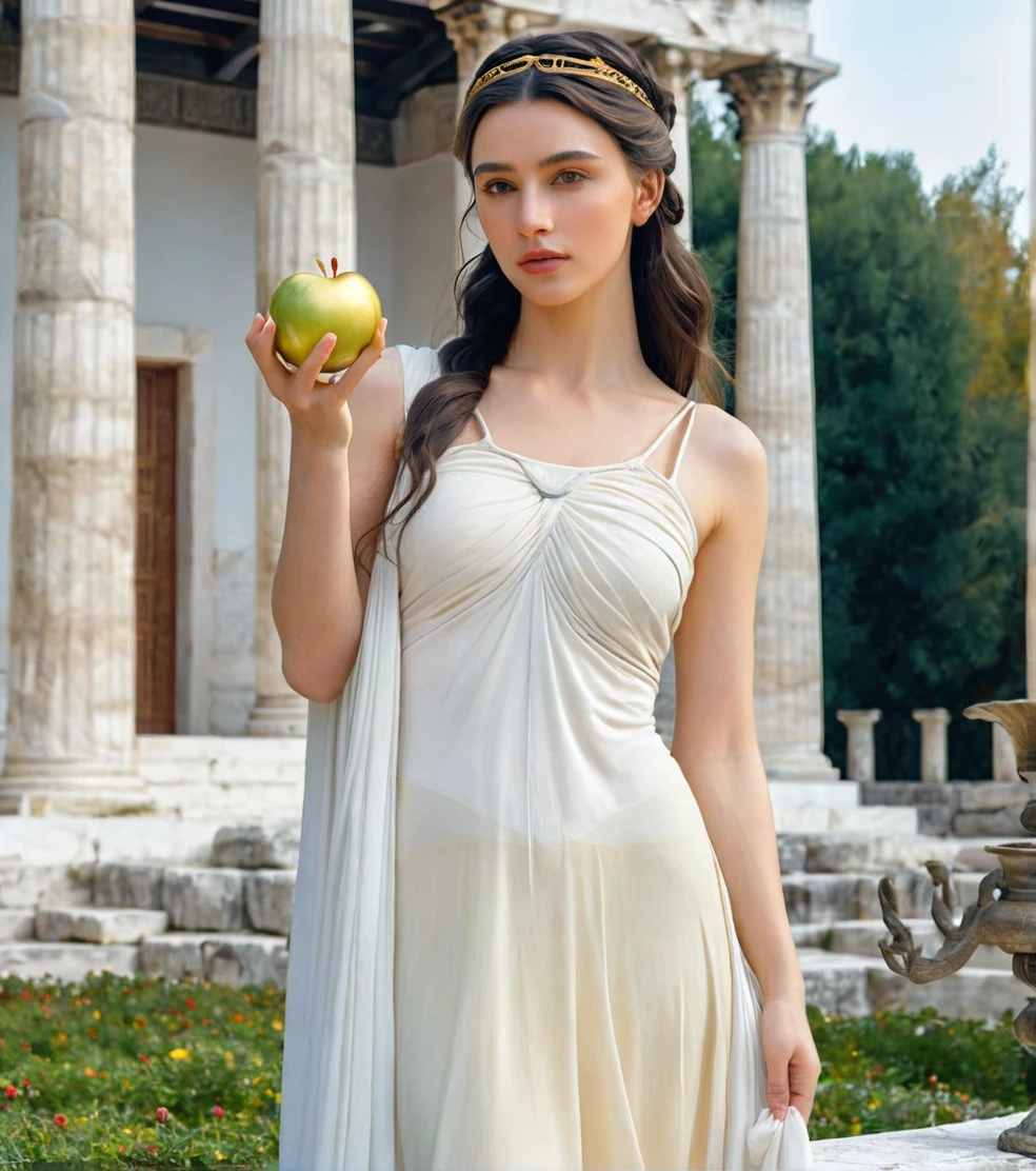 Powerful Greek goddess Eris holding a golden apple in one hand and with the other holding a dagger and she is wearing classical Greek clothes and in the background there is an ancient Greek garden with temples from classical times, body skinny, black, slightly wavy hair down to the shoulders, breasts big, shoulders outside, caucasian white skin, gray green eyes, barefoot, serious and determined face, beautiful and young face, photo realist, professional photograpy, perfect contours, majestic and elegant woman, best qualityer, hight contrast, high saturation, High- sharpness, Ablaze