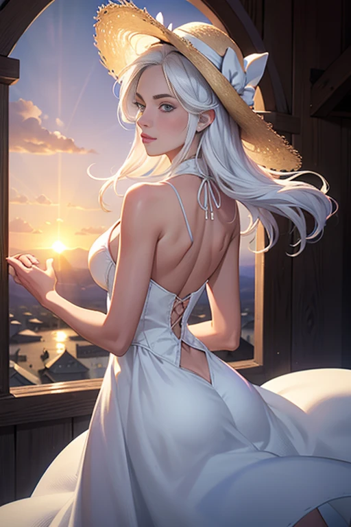 1 girl, work of art, extremely detaild, (beautiful detailed glowing), Lens flare, White hair, shorth hair, floating hair, looking back, back to back, ssmile, blue colored eyes, white gown, medium breasts, trunk, wide plan, straw hat, ((Salar de house)), rise sun, clouds, backlight, purple sky, yellow sky, gradient sky, hands in hat