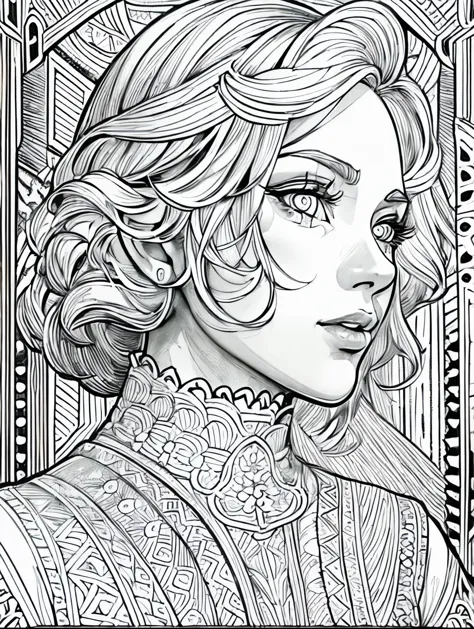 (Black and white coloring book:1.5), line drawings, masterpiece, best quality, ultra-detailed, high resolution, Very detailed face, (Eyes clear and distinct lines), Hair is white color, Full body shot, Woman in a dress featuring geometric patterns in the Art Deco style, Hyper detailed crisp black line draw, ((simple white color))