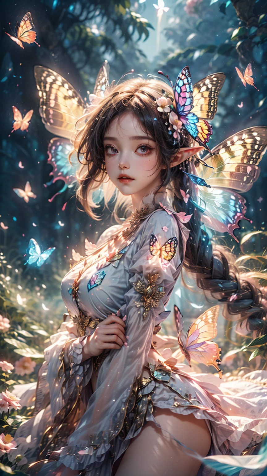 1 girl,Butterflies in the head, antennae, Blurry, Blurry background, chestnut hair, borboleta, butterfly hair ornament, butterfly on hand, borboleta wings, neckleace, faerie, faerie wings, flowers, Flight, (sheening borboleta:1.3), (sheening wings:1.3),hair ornament,insect wings, lips, long hair, medium breasts, motion-blur, multicolored wings, naturey, pink wings, pointy ears, purple wings, standing alone, transparent wings, white butterfly, white wings, wings, yellow butterfly, yellow wings,Elf from Aurora,dawn,sheen,Glowing wings,don,multiple butterflies,glowing butterfly,Super large wings, 1 girl, eluosi