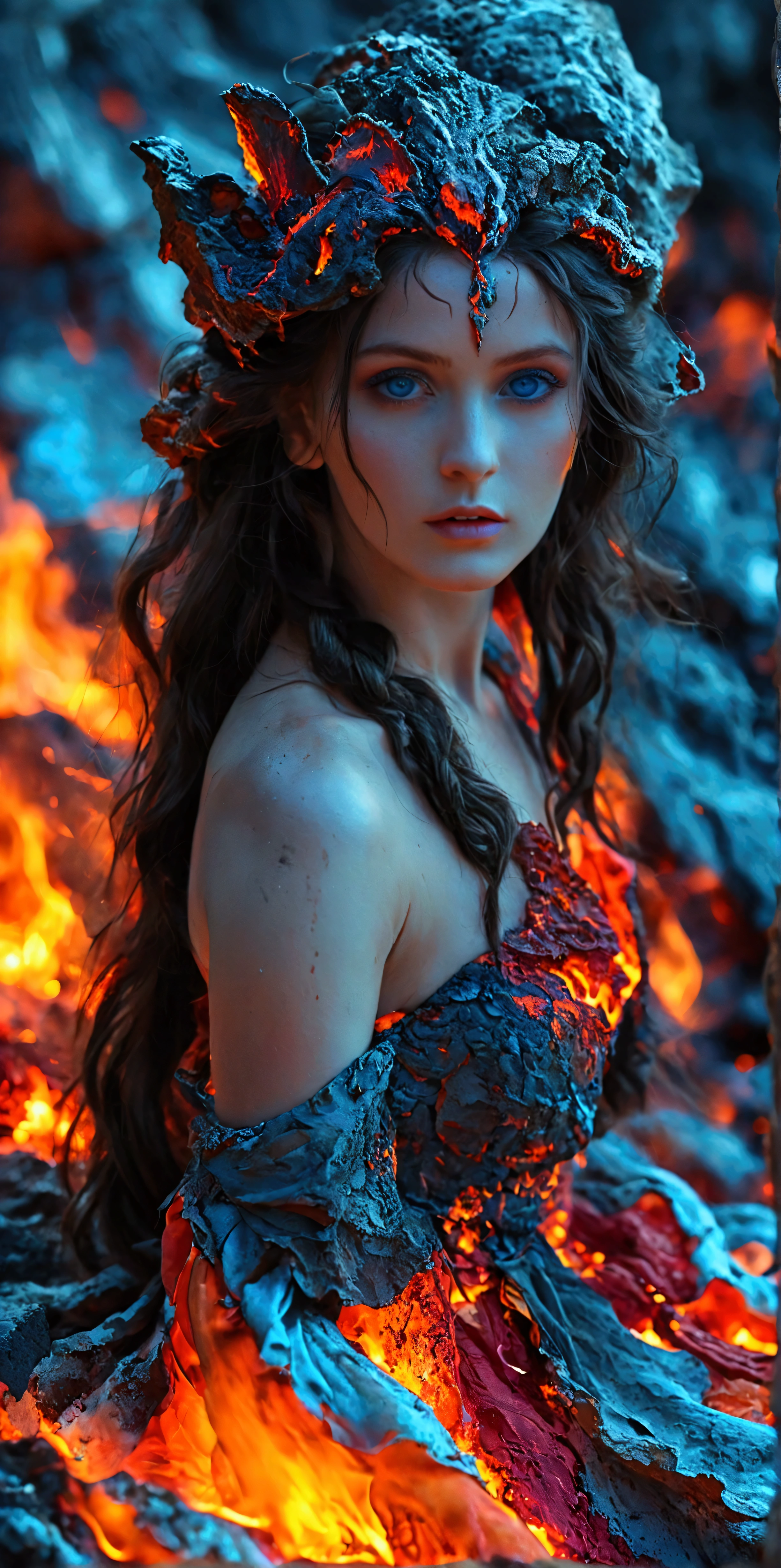 A dim volcano in the background，A long skirt made of magma，Beautiful goddess，Bright color pair,Beautiful blue eyes，((Look at the camera，Full body portrait))