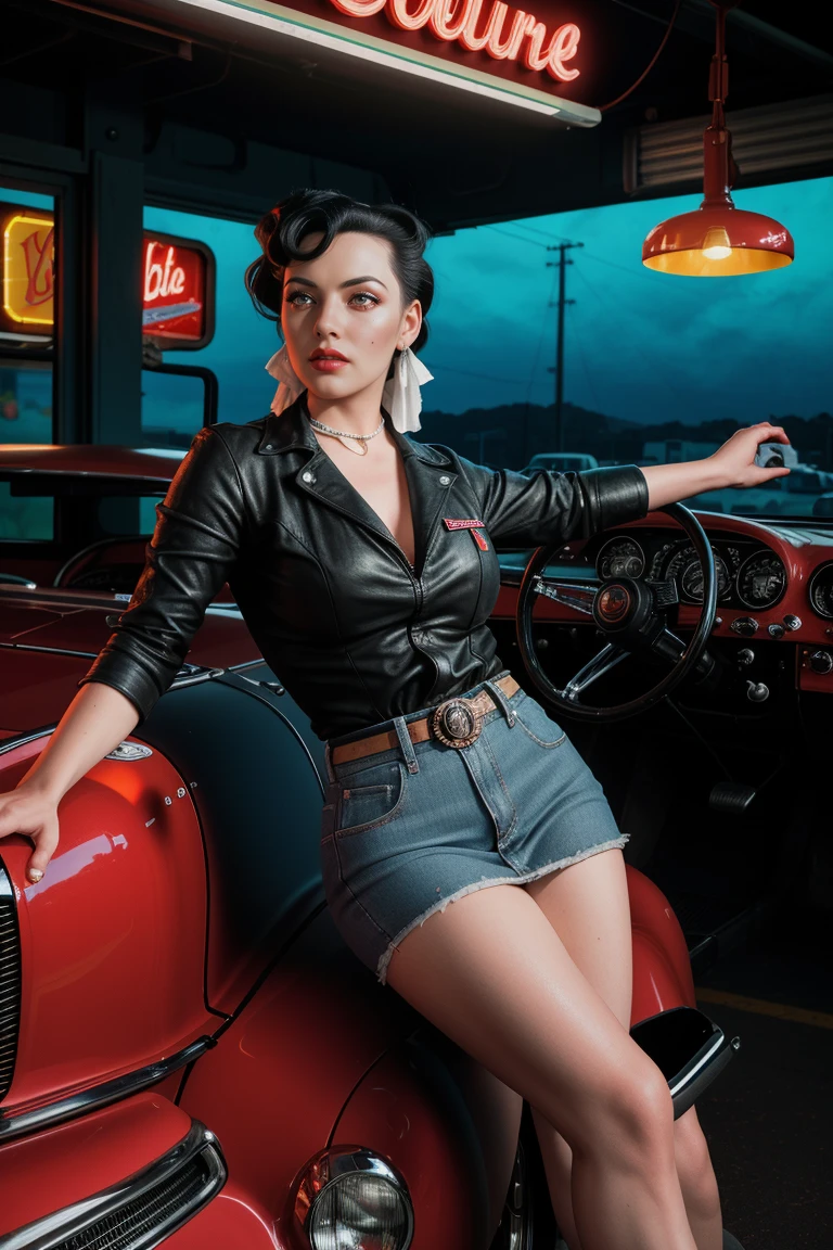 Hyper-realistic photo of a beautiful rockabilly pin-up model leaning against a hot rod car in the parking lot of a 50s style diner, Interesting camera angles and perspectives, Volumetric lighting, Depth of written boundary, Professional photography session, Cinema Lighting. The details are complex, Realistic texture, Dynamic pose