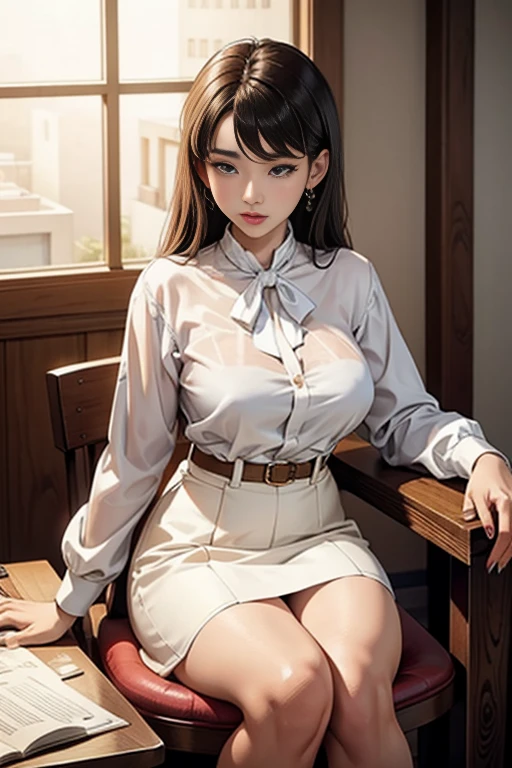 Close-up of a woman in a white blouse sitting on a chair, beautiful young korean girl, white clothes are very transparent, breasts and can be seen