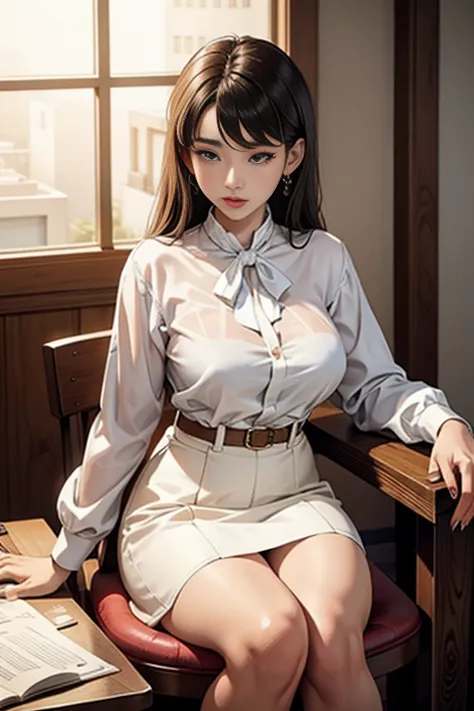 close-up of a woman in a white blouse sitting on a chair, beautiful young korean girl, white clothes are very transparent, breas...