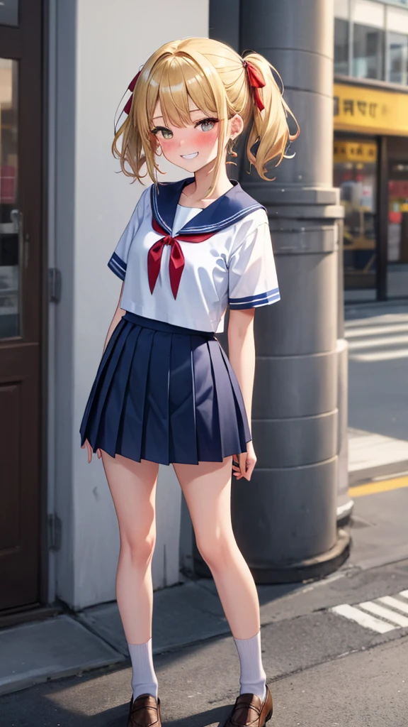 nsfw, (8k、Best image quality、Highest quality、masterpiece)、Detailed face、Detailed Background, Improve、A beautiful 18 year old woman, (Golden Hair:1.3), Short pigtails, flat chests, Short, (Short sleeve white shirt), (Sailor collar:1.3), (Red ribbon), (Navy blue pleated skirt:1.3), Earrings, Brown Loafers, (grin), (Blushing:1.4), Stand in front of the station, (Have a skirt:1.2), from front, full body, 