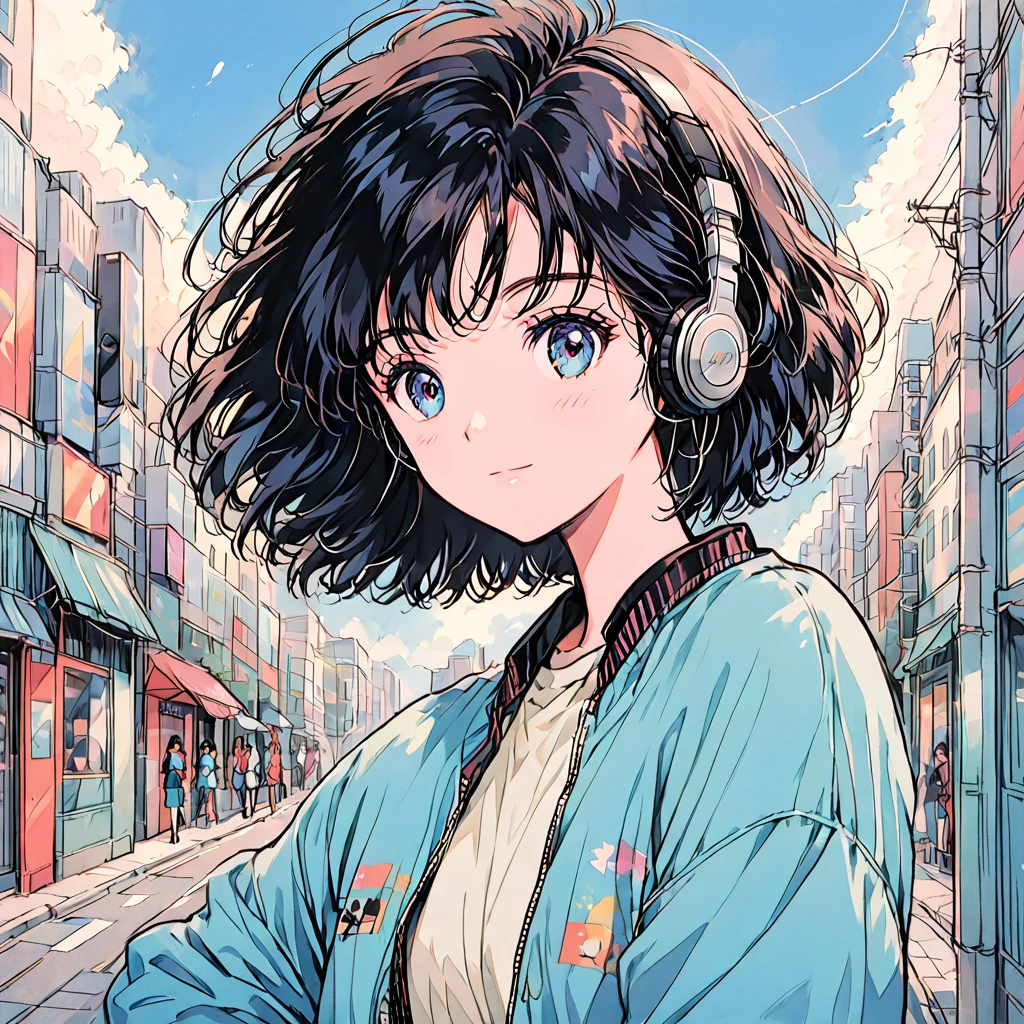 Beautiful 1girl, solo, gentle smile on her face flat chest, short hair, black hair, blue eyes, (detailed eyes),  Woman with short hair,Wearing headphones and listening to music,Getting in the rhythm,City Pop,Urban Pop,Retroなレコードジャケットのイラスト