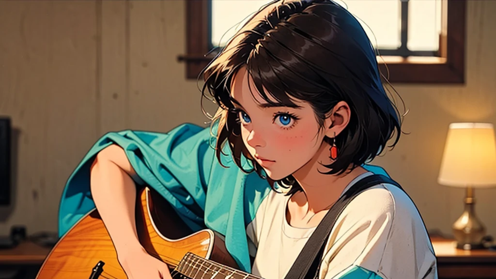 Style: 80s anime style, ultra-high resolution, super detailed, perfect lighting. Main Character: A girl with short hair, blue eyes, and a small, rounded nose. She is facing forward with her face and torso aligned forward. Accessory: The girl is holding and playing a guitar. Setting: The scene is set in a bedroom with a window. Sunlight is coming through the window, illuminating the scene. Action: The girl is looking at the guitar while her hands are playing it. Additional Details: The background shows landscapes visible through the window.