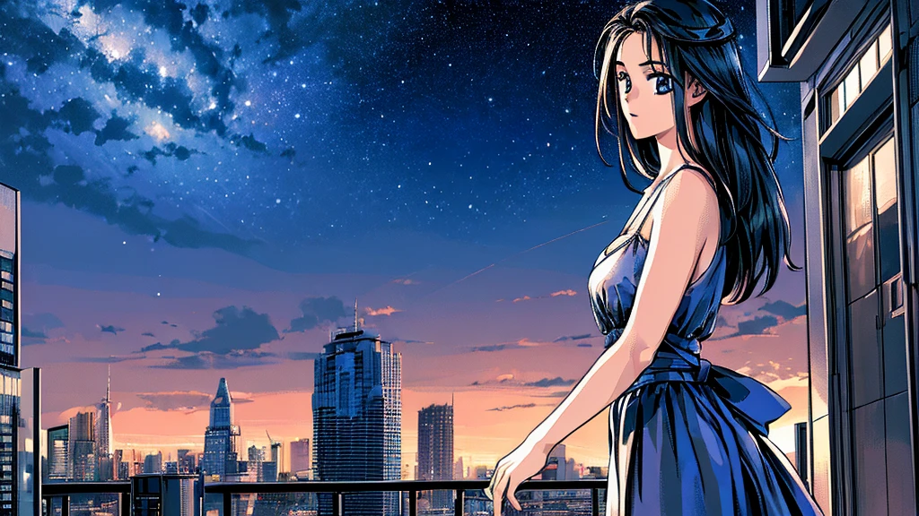 ((masterpiece)),(((Highest quality))),((Super detailed)) Realistically, 1 Girl, beautiful, one person　 Watching the night view, city, Starry Sky, building, night.　Long Black Hair　The wind is blowing　Cleavage　From the rooftop　profile　Watching the night view