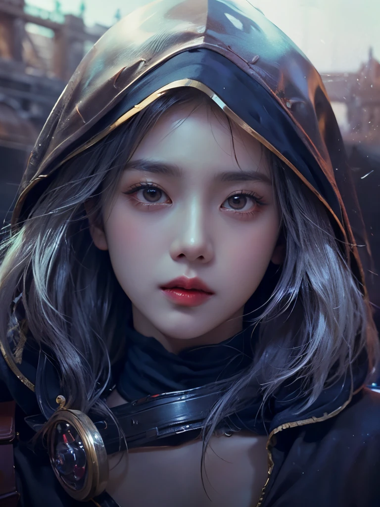 primer plano de una niña o una mujer (Ídolo del K-POP),usar una capucha  , big booobs ,  cinemática de los portadores de sombras, Fantasía de detalle 4k, una hermosa emperatriz de fantasía, juego cg, fantasía xianxia, xianxia hero, 2. 5 d cgi anime fantasía obra de arte, Primer plano de la diosa cinematográfica., ruan jia and artgerm, wow Fantasía de detalle 4k, personaje de fantasía hiperdetallado, alta definición, hiperdetallado,perfecto, fantástico, textura detallada de la piel facial y corporal, detalle vagina (coño), detalle ojos, detalló todo, Híper realista.