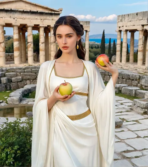 Powerful Greek goddess Eris holding a golden apple in one hand and with the other holding a dagger and she is wearing classical ...