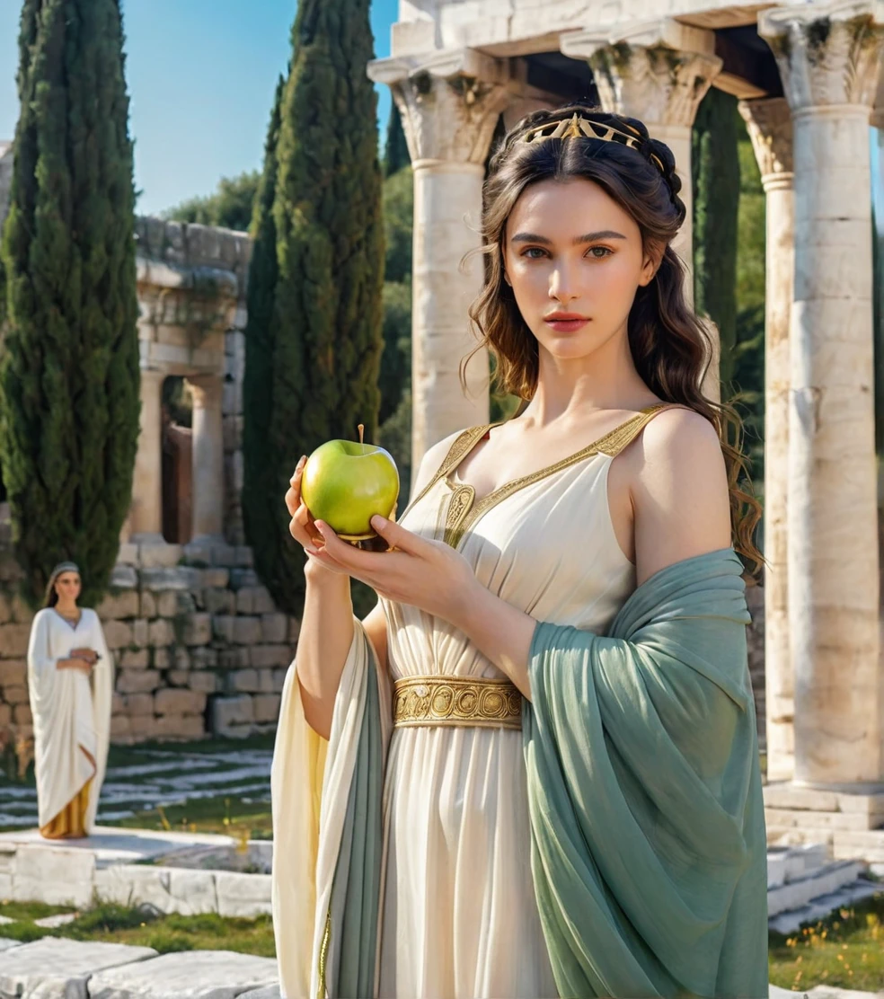 Powerful Greek goddess Eris holding a golden apple in one hand and with the other holding a dagger and she is wearing classical Greek clothes and in the background there is an ancient Greek garden with temples from classical times, body skinny, black, slightly wavy hair down to the shoulders, breasts big, shoulders outside, caucasian white skin, gray green eyes, barefoot, serious and determined face, beautiful and young face, photo realist, professional photograpy, perfect contours, majestic and elegant woman, best qualityer, hight contrast, high saturation, High- sharpness, Ablaze